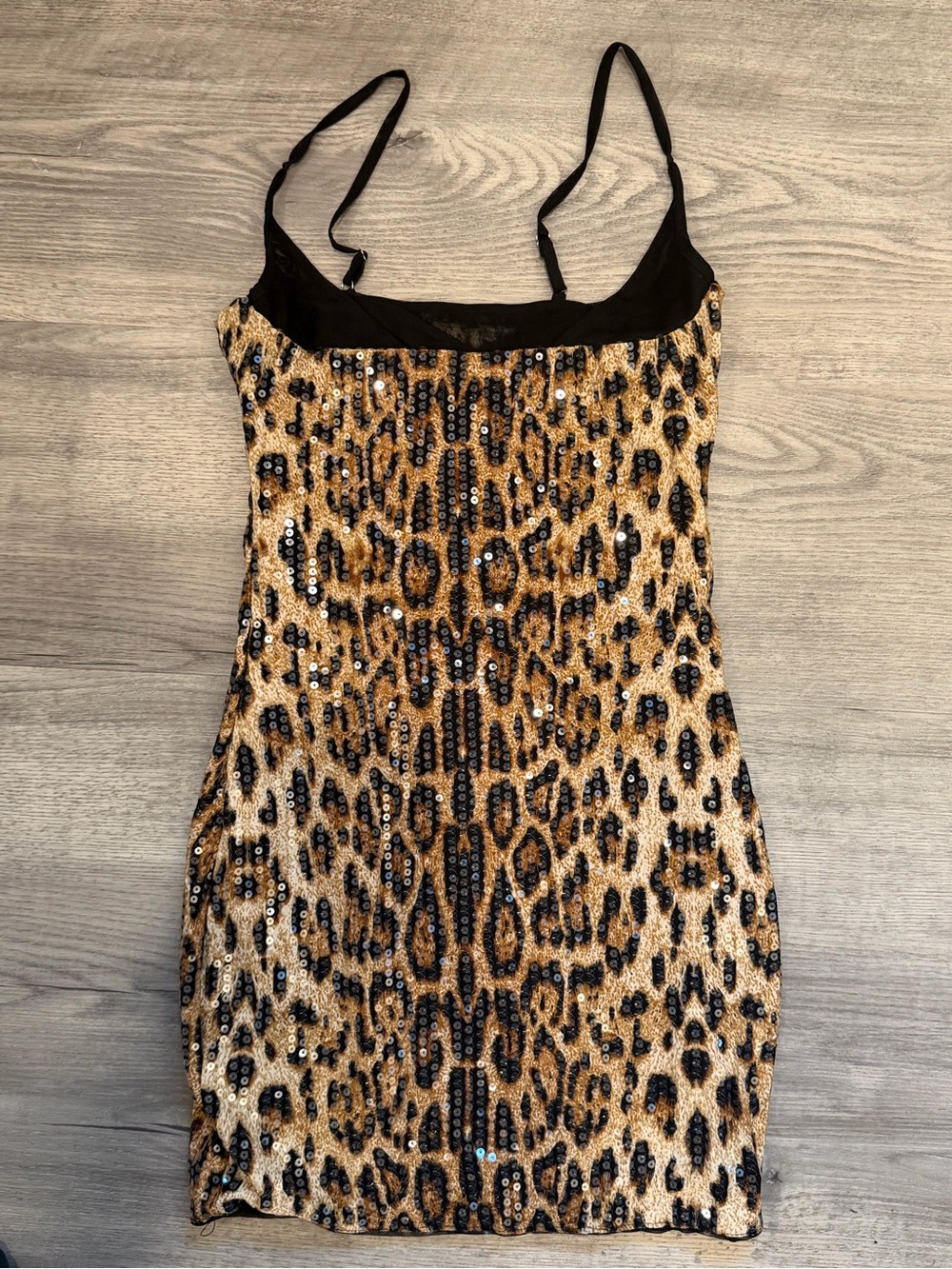 Leopard Sequin Bodycon Dress with Black mesh Trim
